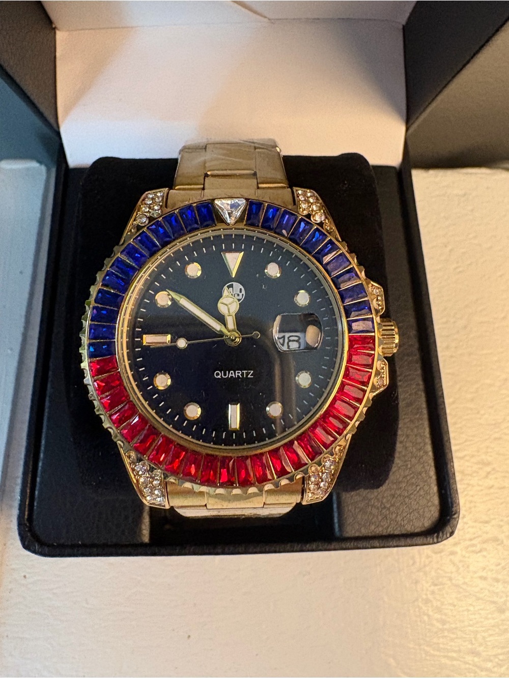 AJ Brand Men's Gold-Tone Quartz Watch with Red & Blue Crystal Bezel